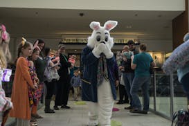The Easter Bunny introduces themselves to a group of 12 sets of twins for a group photo organized by the Minnesota Valley Mothers of Multiples at the 