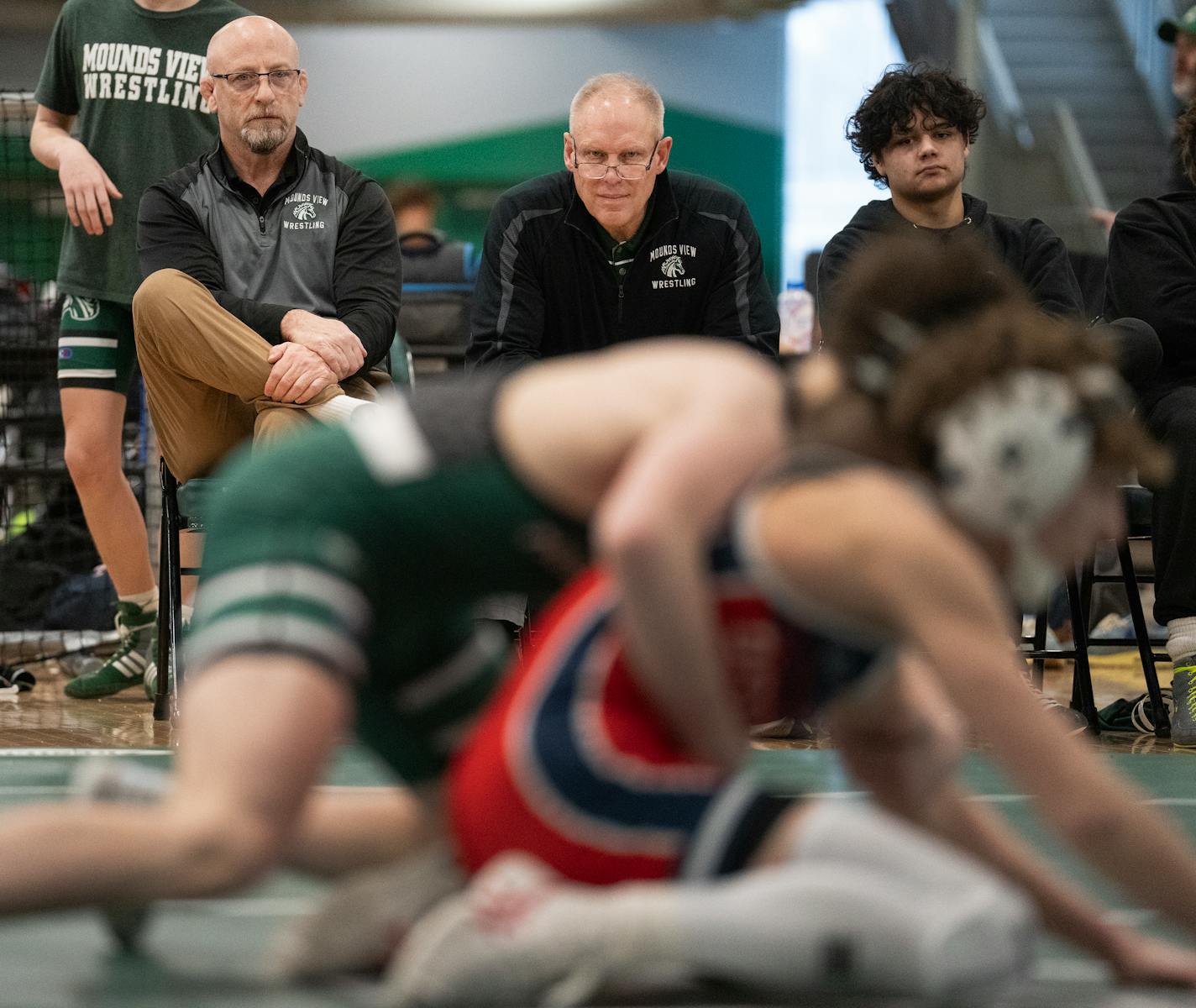 Mounds view assistant coaches include former Gopher All-American Marty Morgan, left, and Jeff Swenson, a former All-American and Hall of Fame wrestling coach and Athletic Director at Augsburg as seen at the 2024 Mustang Duals at Mounds View High School in Arden Hills, Minn., on Saturday, Jan. 13, 2024. ] SHARI L. GROSS • shari.gross@startribune.com