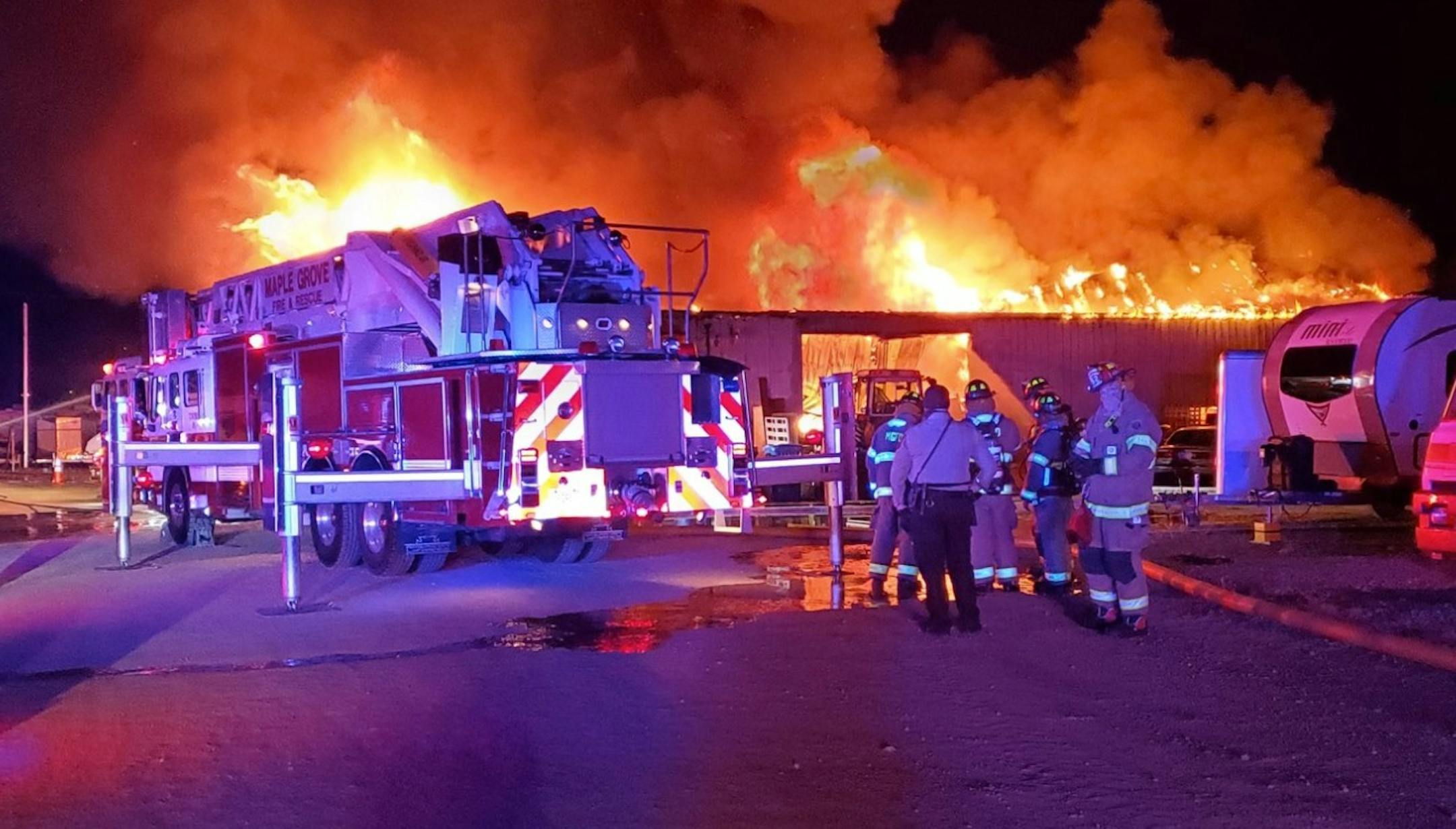 Fire crews battled a large blaze at a one-story commercial building on the 18000 block of Bass Lake Road in Maple Grove on Tuesday night.