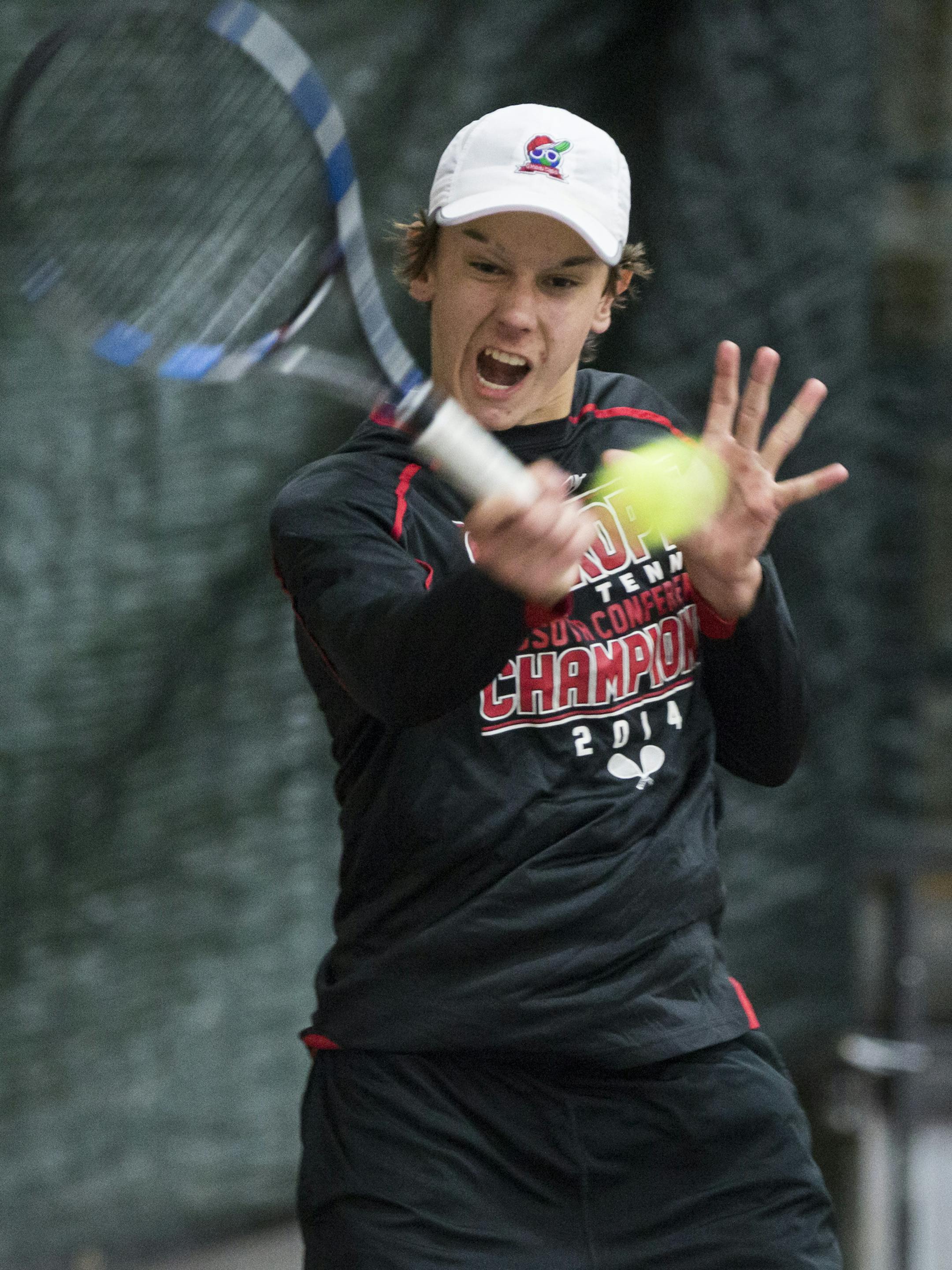 Shakopee's Jackson Allen hit the ball during a meet between Shakopee and Apple Valley boys tennis at Apple Valley High School on Tuesday, April 28, 2015, in Apple Valley, Minn. ] RENEE JONES SCHNEIDER &#x2022; reneejones@startribune.com