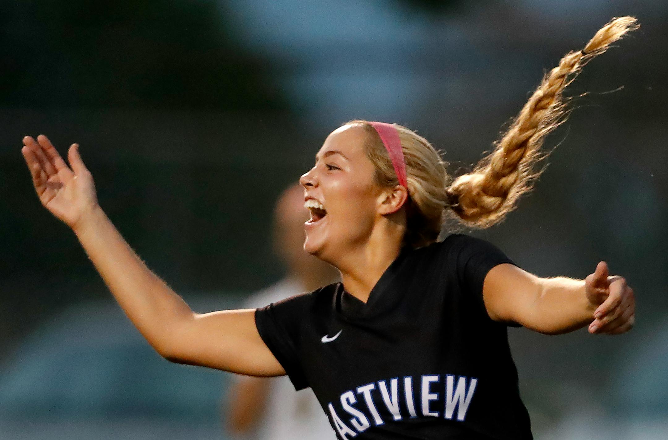 Haley Ford (4) of Eastview celebrated after scoring a goal in the first half vs. Apple Valley. ] CARLOS GONZALEZ cgonzalez@startribune.com - September 20, 2016, Apple Valley, MN, South zone feature on Eastview High School / Prep girls' soccer, East View vs. Apple Valley
