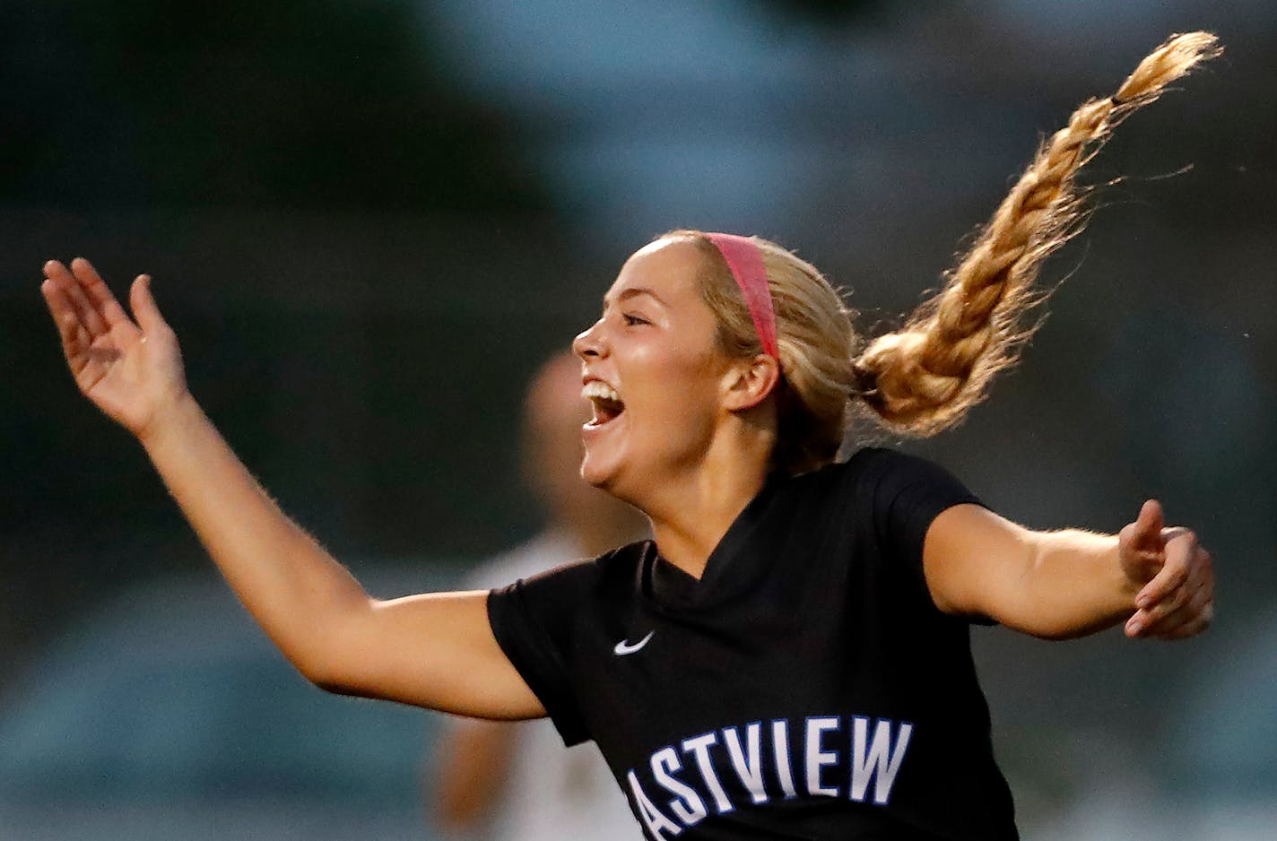 Haley Ford (4) of Eastview celebrated after scoring a goal in the first half vs. Apple Valley. ] CARLOS GONZALEZ cgonzalez@startribune.com - September 20, 2016, Apple Valley, MN, South zone feature on Eastview High School / Prep girls' soccer, East View vs. Apple Valley