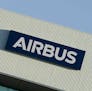 The logo of European aircraft manufacturer Airbus is pictured on February 14, 2019 in the site the site of Montoir-de-Bretagne, western France.