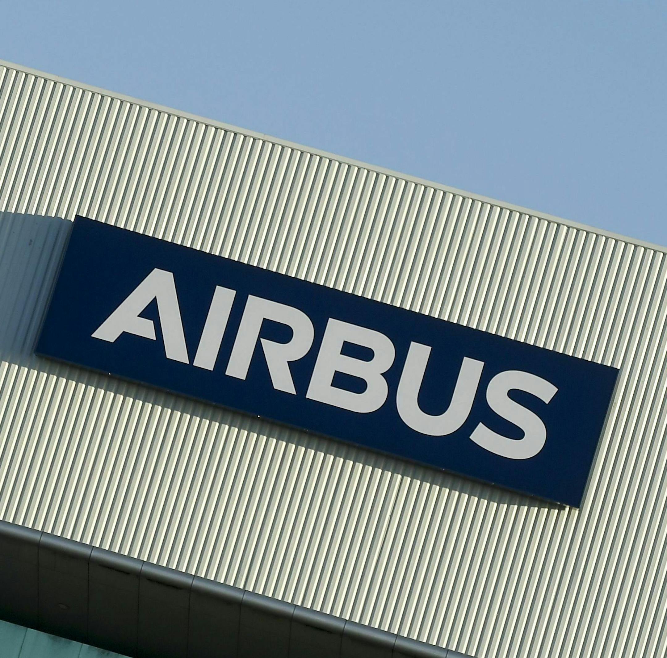 The logo of European aircraft manufacturer Airbus is pictured on February 14, 2019 in the site the site of Montoir-de-Bretagne, western France.