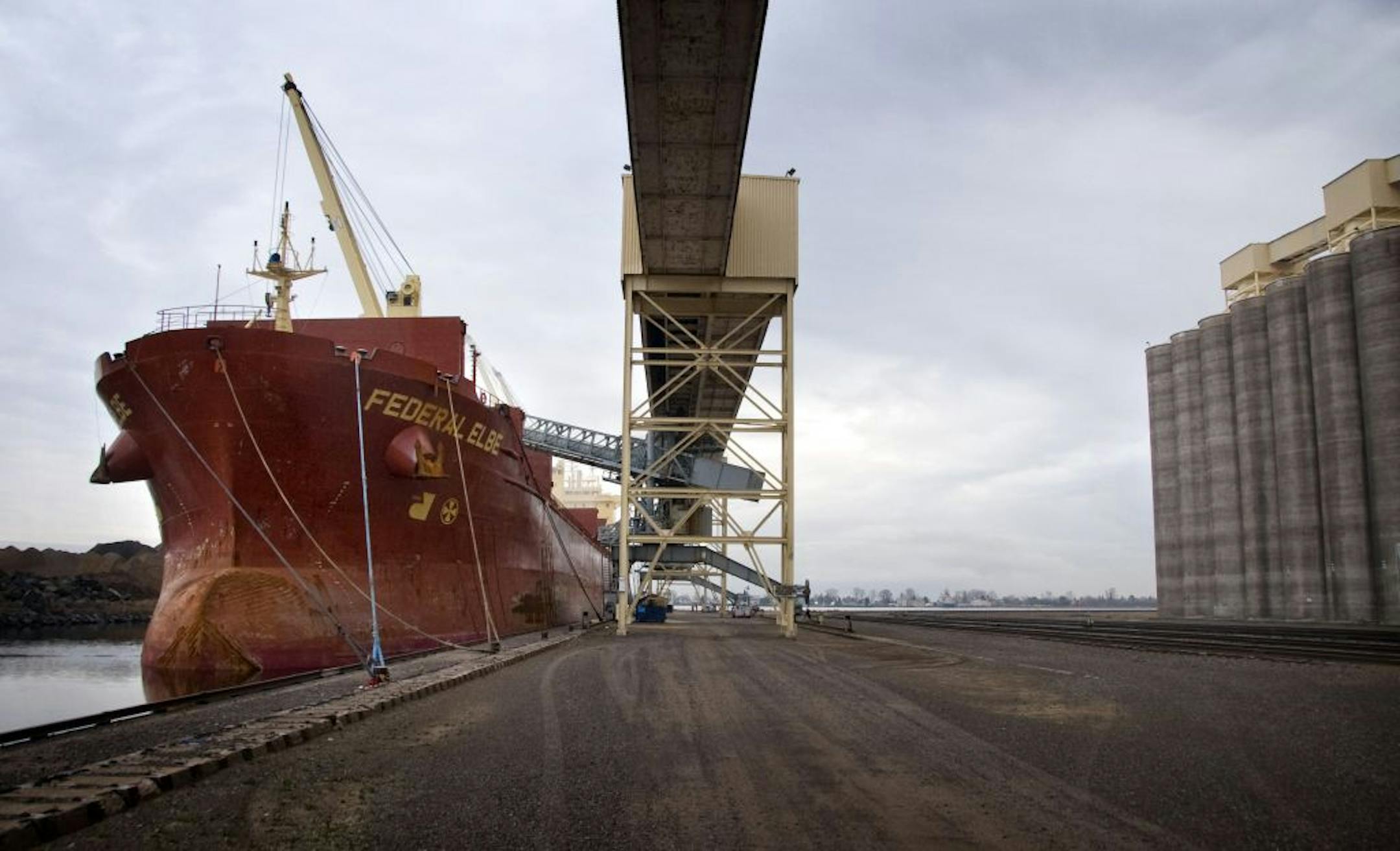 The Federal Elbe waited in the Port of Duluth to be loaded with wheat from North Dakota and Minnesota. The ship will take 47 million pounds or 800 tractor-trailer loads of wheat to Antwerp, Belgium