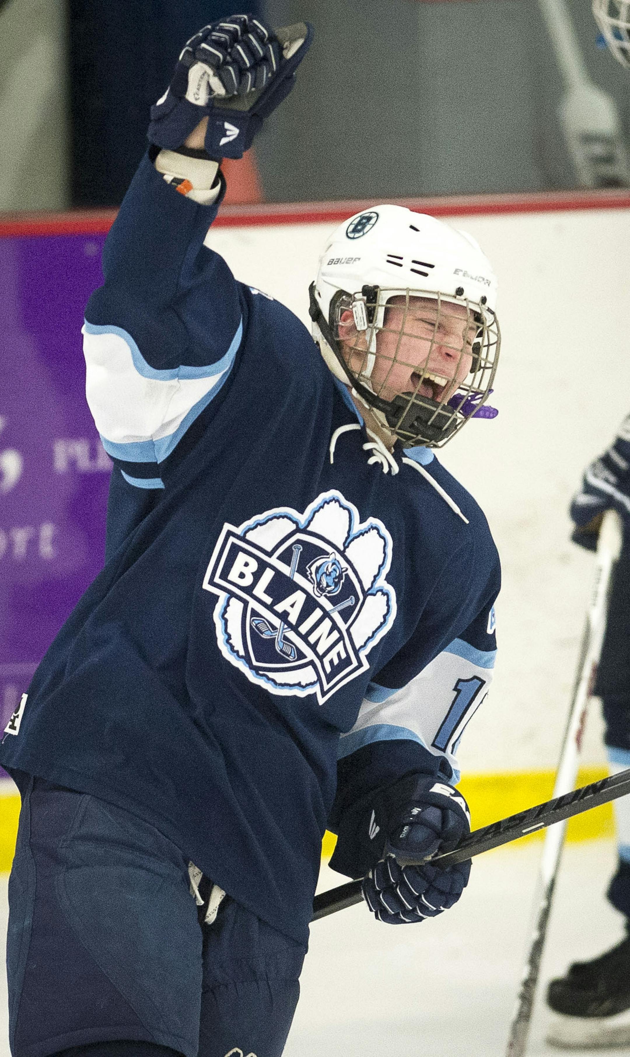 Blaine forward Alisa Wolens (10) celebrates after scoring her second goal of the night to take the lead over Centennial late in the third period. ] (Aaron Lavinsky | StarTribune) Centennial plays Blaine in the Girls' Section 5 final in Class 2A on Friday, Feb. 13, 2015 at the Roseville Ice Arena.