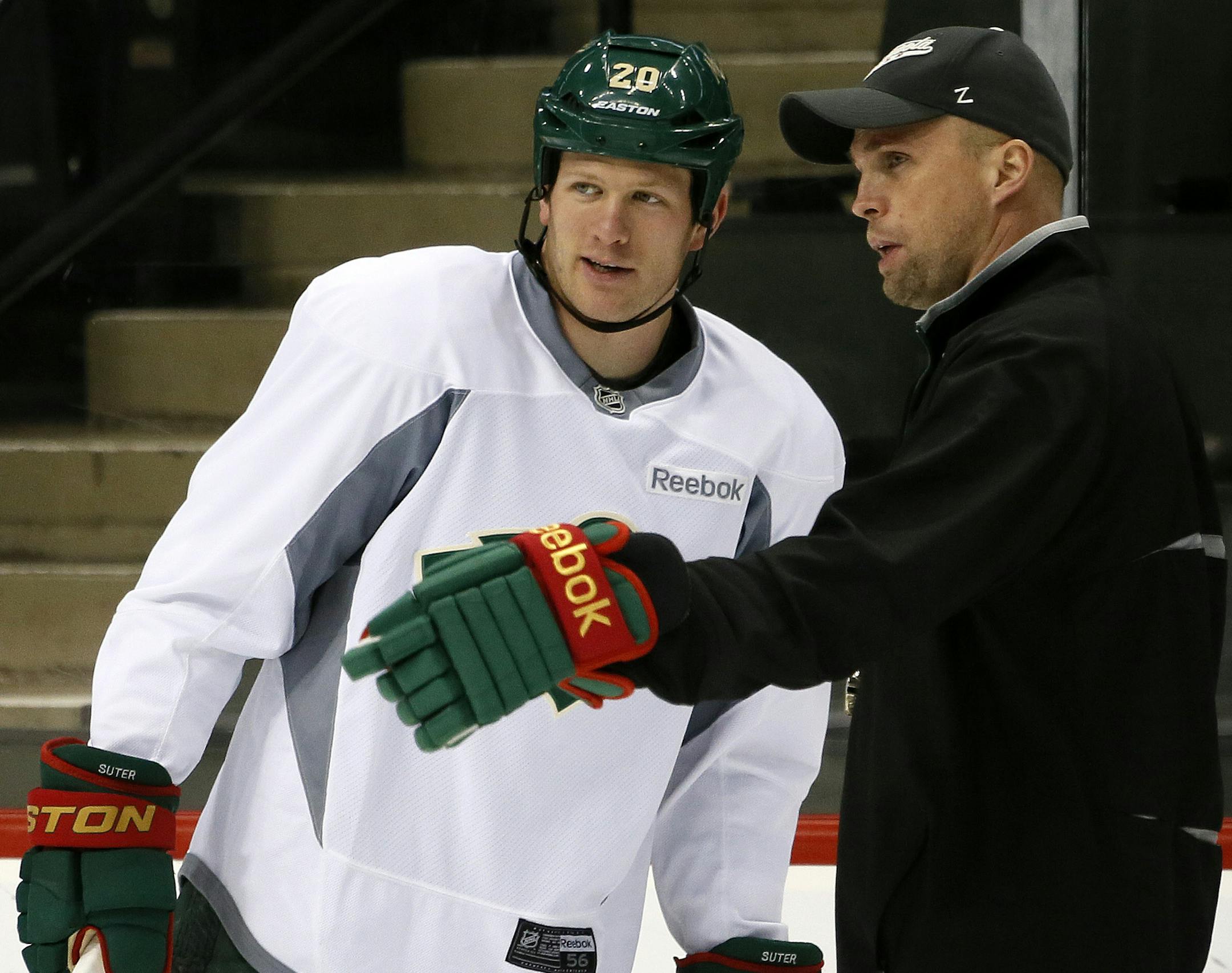 Wild Practice Thursday morning at Xcel Energy Center. Ryn Suter and head coach Mike Yeo. ] BRIAN PETERSON ‚Ä¢ brianp@startribune.com St. Paul, MN - 05/02/2013]