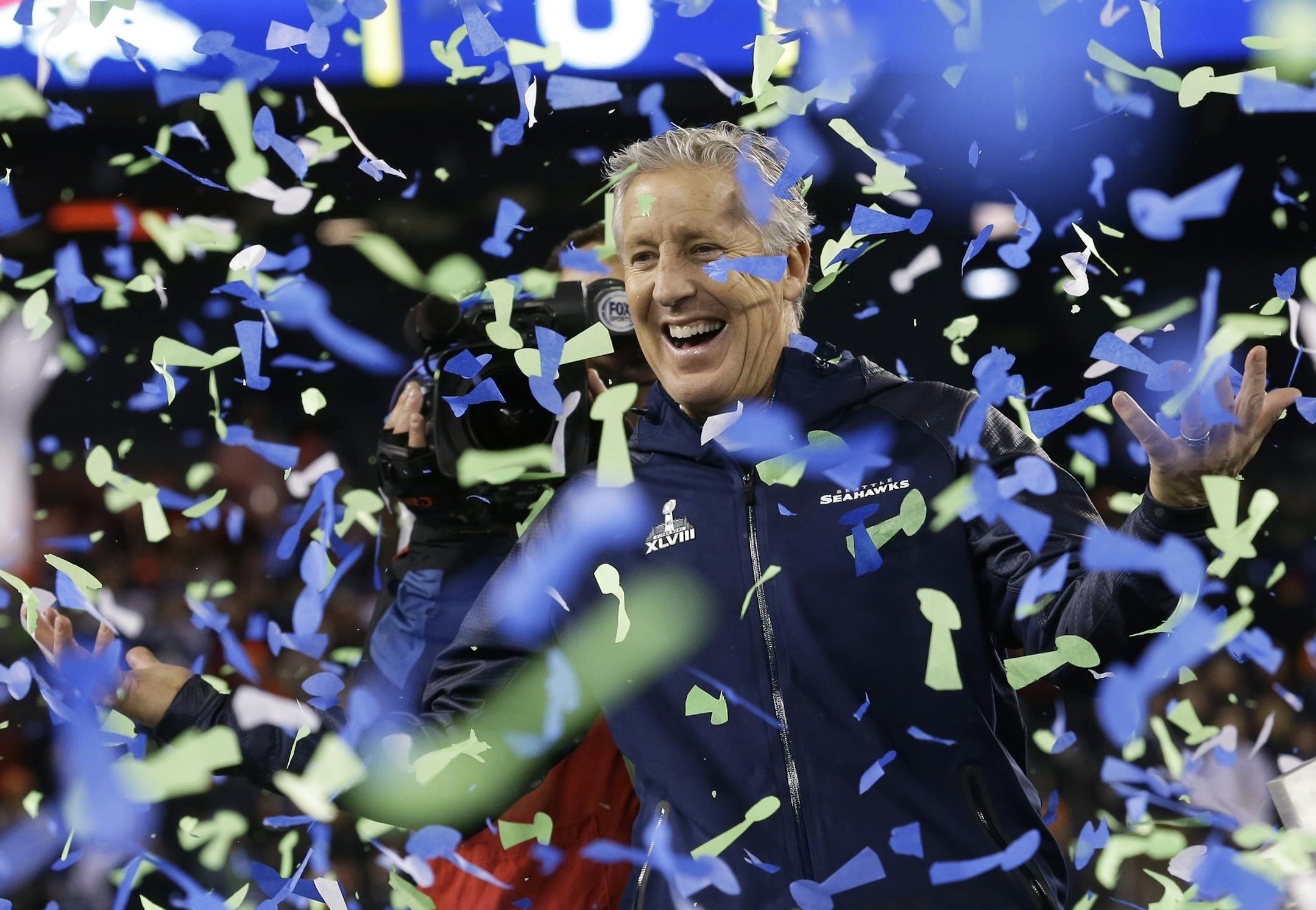 Seattle Seahawks head coach Pete Carroll celebrates after the NFL Super Bowl XLVIII football game against the Denver Broncos Sunday, Feb. 2, 2014, in East Rutherford, N.J. The Seahawks won 43-8. (AP Photo/Ted S. Warren)