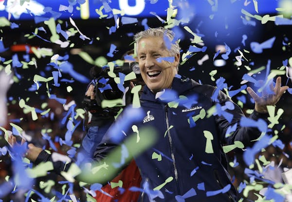 Seattle Seahawks head coach Pete Carroll celebrates after the NFL Super Bowl XLVIII football game against the Denver Broncos Sunday, Feb. 2, 2014, in 