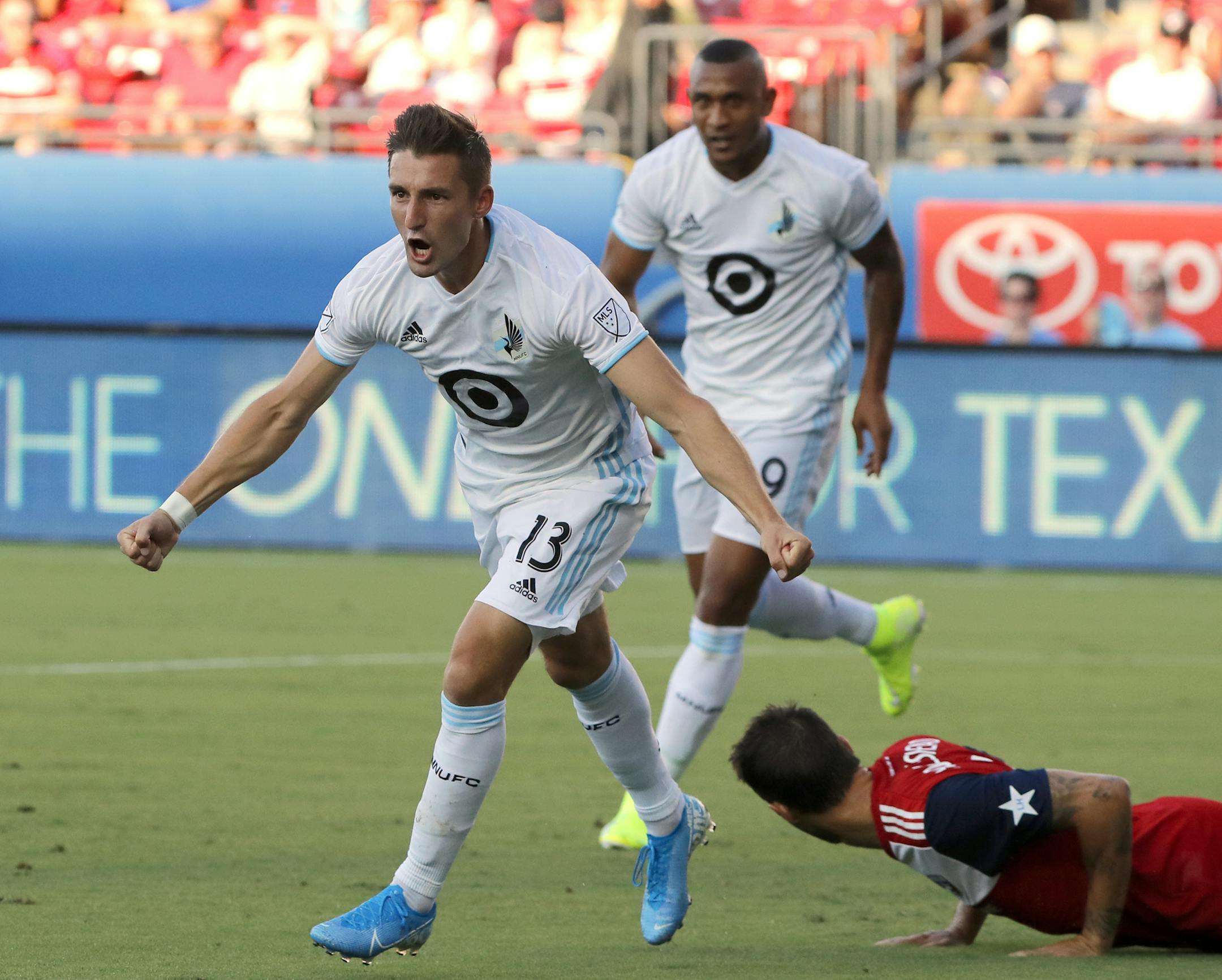 Minnesota United midfielder Ethan Finlay (13) has made a breakthrough of sorts with three goals in the past three games, two of them alone in Saturday's 5-3 loss at FC Dallas.