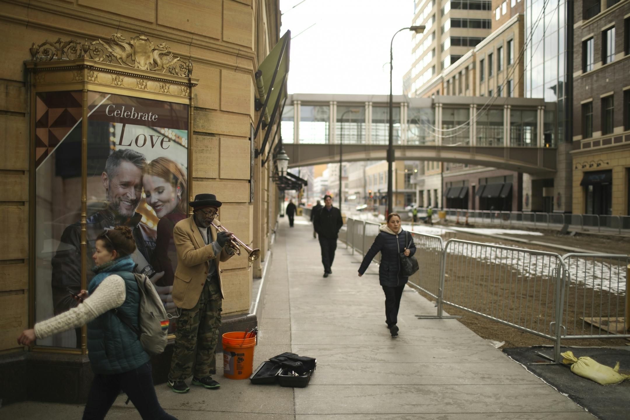 Joceephus Lomax busked with his trumpet on the corner of S. 9th St. and the Nicollet Mall Wednesday afternoon.