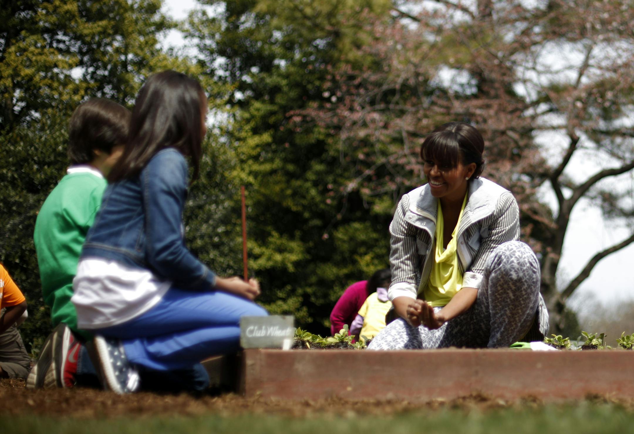 First lady Michelle Obama, center, plants wheat seedlings with fifth graders Ariana Docanto, from Arthur D. Healey School in Somerville, Mass., and Emilio Vega, far left, from Benjamin David Gullett Elementary School in Bradenton, Fla., during the spring planting of the White House garden, Thursday, April 4, 2013, at the White House in Washington. (AP Photo/Pablo Martinez Monsivais)