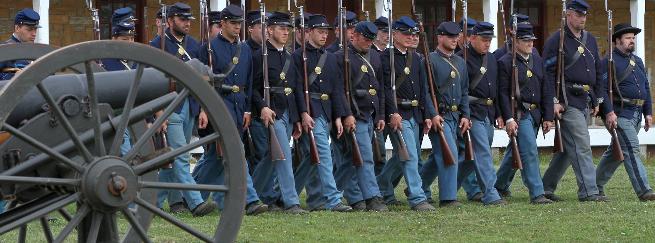 Members of the 1st Minnesota Volunteer Infantry marched in the parade field during a infantry drill and musket firing demonstration at Fort Snelling during the Civil War Weekend on 8/18/12. The First Regiment of Minnesota Volunteer Infantry is a non-profit organization founded in 1973 to honor the memory and teach the history of the civil war unit. The Fort Snelling weekend event allowed visitors to travel back to the 1860s and experience life at the frontier fort during the Civil War. Costumed