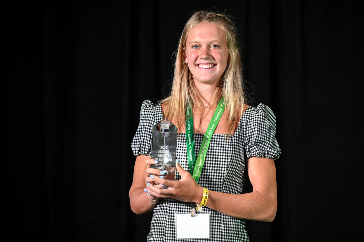 Female Athlete of the Year Maddie Dahlien is recognized during the Star Tribune's All-Metro Sports Awards gala Wednesday, July 27, 2022 at Allianz Field in St. Paul, Minn.] aaron.lavinsky@startribune.com