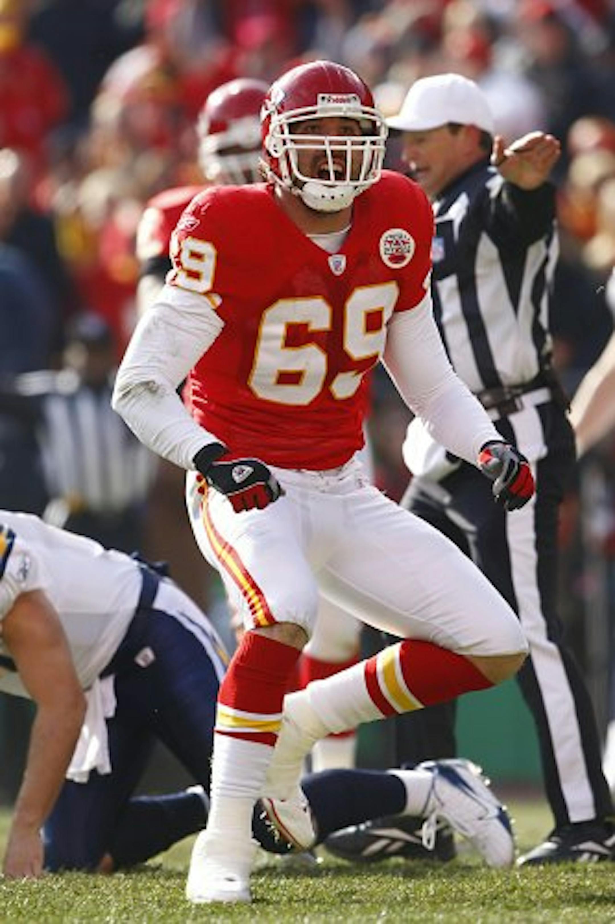 KANSAS CITY - DECEMBER 2: Jared Allen #69 of the Kansas City Cheifs reacts during the NFL game against the San Diego Chargers at Arrowhead Stadium on December 2, 2007 in Kansas City, Missouri.