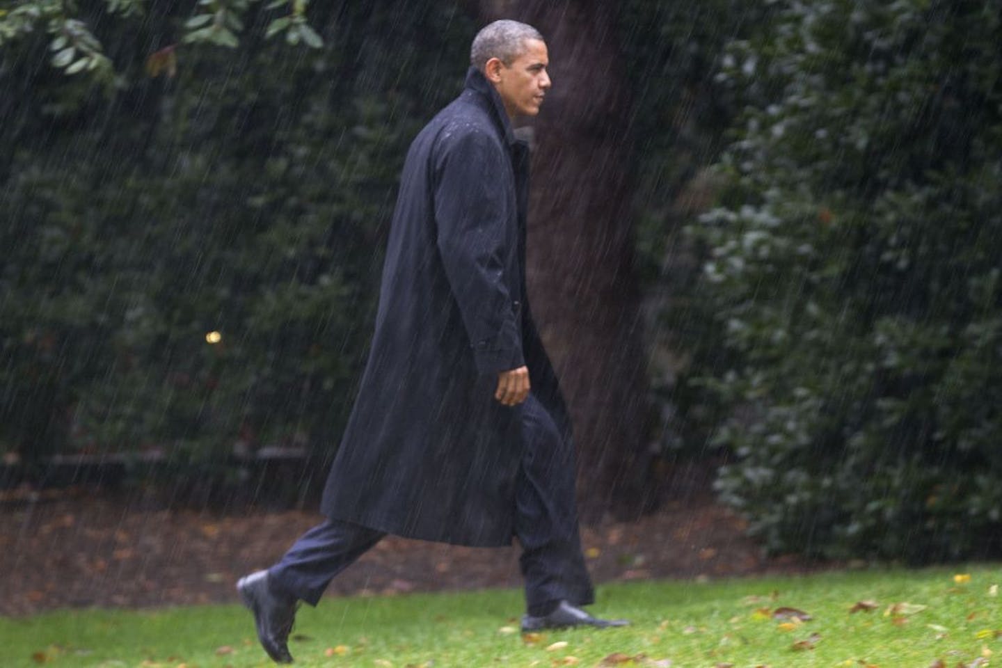 After canceling his appearance at a morning campaign rally in Orlando, Fla., President Barack Obama walks toward the White House in a driving rain after returning to Washington to monitor preparations for early response to Hurricane Sandy, Monday, Oct. 29, 2012.