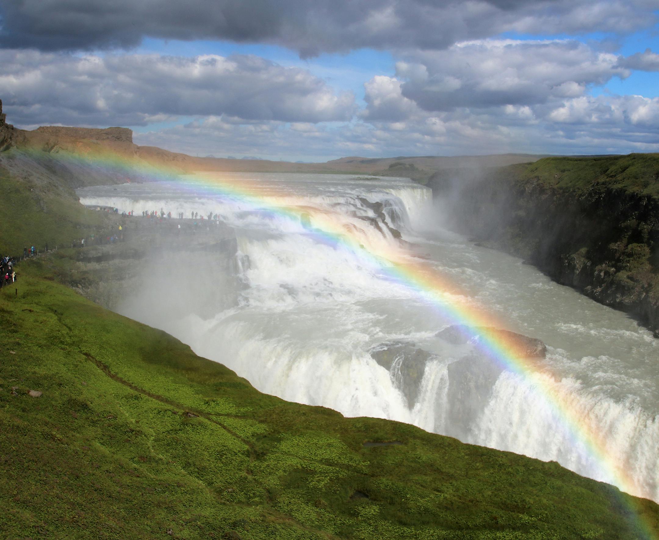 Leslee Jaeger, Plymouth
The picture was taken of the Gullfoss waterfall in Iceland, part of the Golden Triangle tour near Reykjavik. I had taken many pictures when we first arrived and on the hike down to the viewing point. Just as we were about to leave, I turned around for one final glimpse of the spectacular falls and noted that the rainbow now completely spanned the falls. I lingered to take many more photos with my camera, a Canon Rebel T7i with a wide angle lens, to capture the entire span