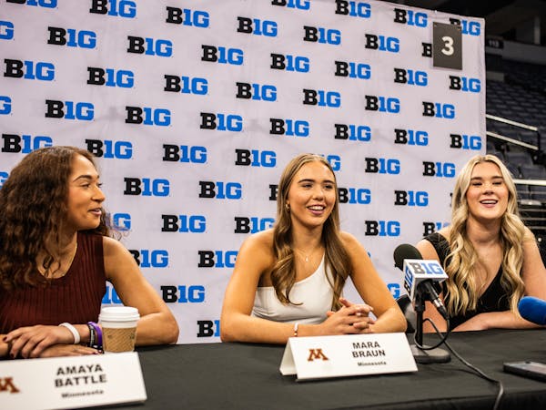 Gophers women’s basketball sophomores, left to right, Amaya Battle, Mara Braun, and Mallory Heyer addressed reporters Monday at Big Ten media day at