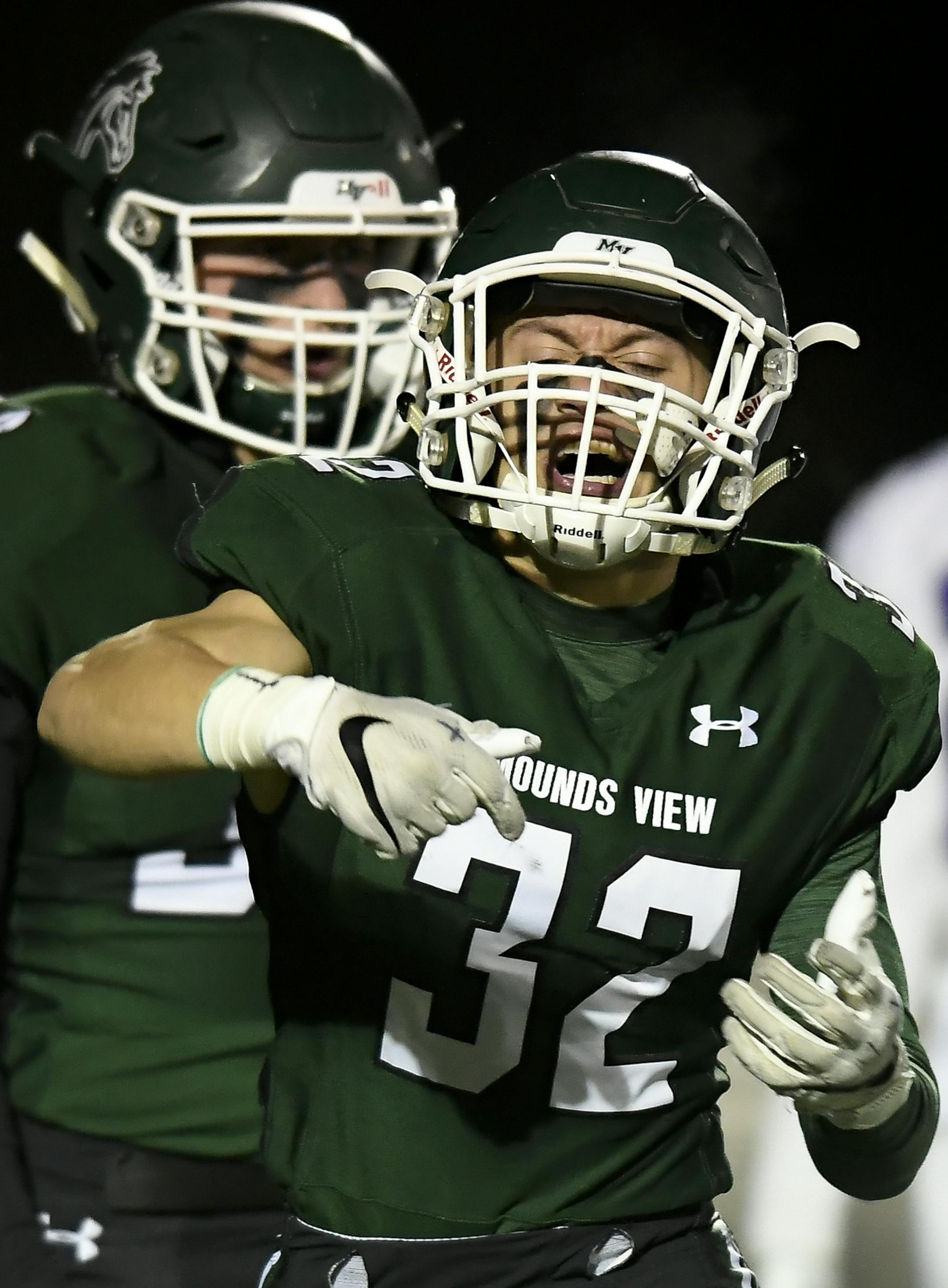 Mounds View linebacker Owen Pfeilsticker (32) celebrated a tackle on special teams against Buffalo in the first half. ] Aaron Lavinsky &#x2022; aaron.lavinsky@startribune.com Buffalo played Mounds View in a high school football game at Mounds View High School on Friday, Nov. 1, 2019 in Arden Hills, Minn.