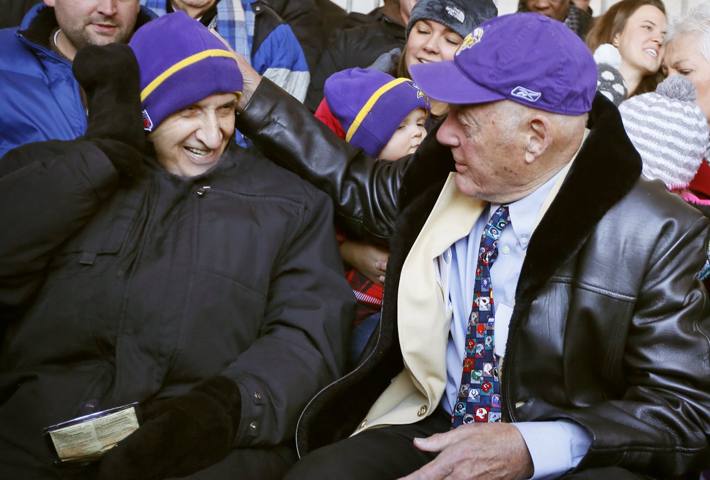 Star Tribune columnist Sid Hartman left, former Vikings coach Bud Grant, and former Vikings linebacker Matt Blair attended a ceremony were a street was dedicated honor Bud Grant near the new Vikings stadium December 1, 2014 in Minneapolis, MN. ] Jerry Holt Jerry.holt@startribune.com ORG XMIT: MIN1412011537341186