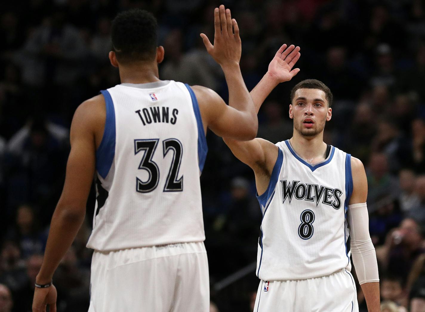 Minnesota Timberwolves center Karl-Anthony Towns (32) celebrates a basket with Minnesota Timberwolves guard Zach LaVine (8) in the first half. ] ANTHONY SOUFFLE &#x2022; anthony.souffle@startribune.com The Minnesota Timberwolves played the Houston Rockets during an NBA game Saturday, Dec. 17, 2016 at the Target Center in Minneapolis. ORG XMIT: MIN1612172025002152