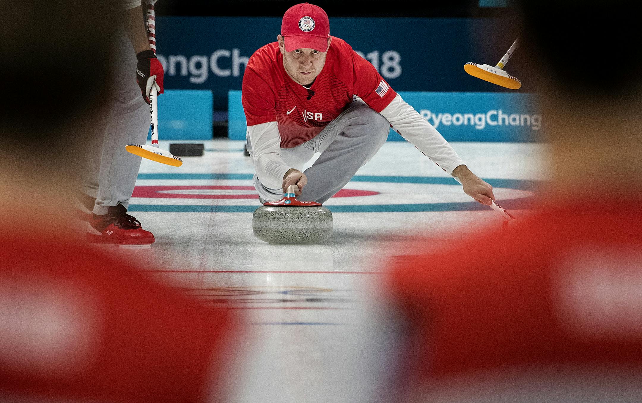John Shuster delivered the rock during a match against Norway on Sunday night at Gangneung Curling Center. ] CARLOS GONZALEZ ï cgonzalez@startribune.com - February 18, 2018, South Korea, 2018 Pyeongchang Winter Olympics, Gangneung Curling Center, USA vs. Norway