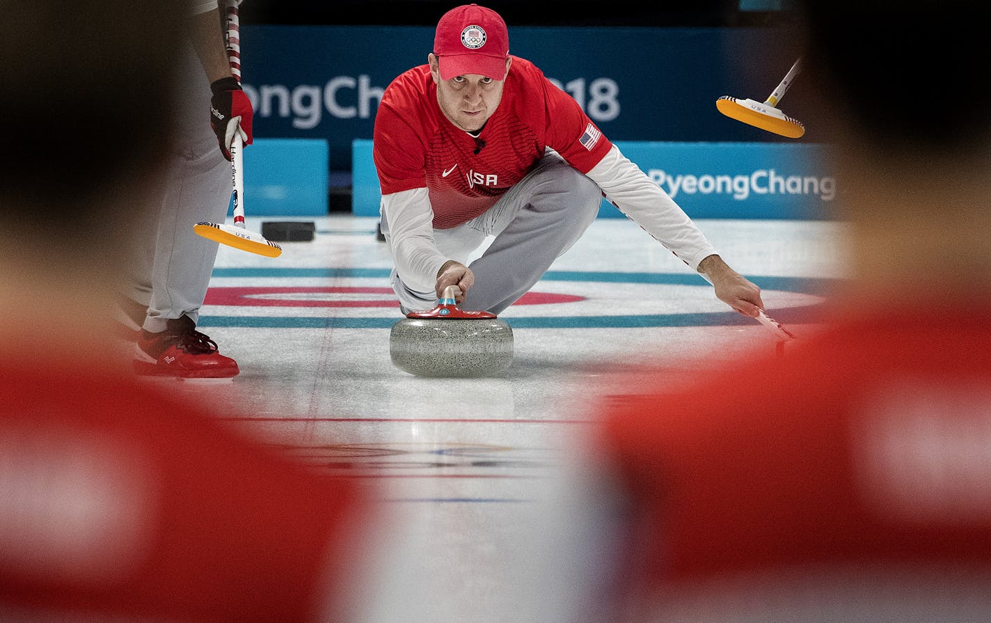 John Shuster delivered the rock during a match against Norway on Sunday night at Gangneung Curling Center. ] CARLOS GONZALEZ &#xef; cgonzalez@startribune.com - February 18, 2018, South Korea, 2018 Pyeongchang Winter Olympics, Gangneung Curling Center, USA vs. Norway