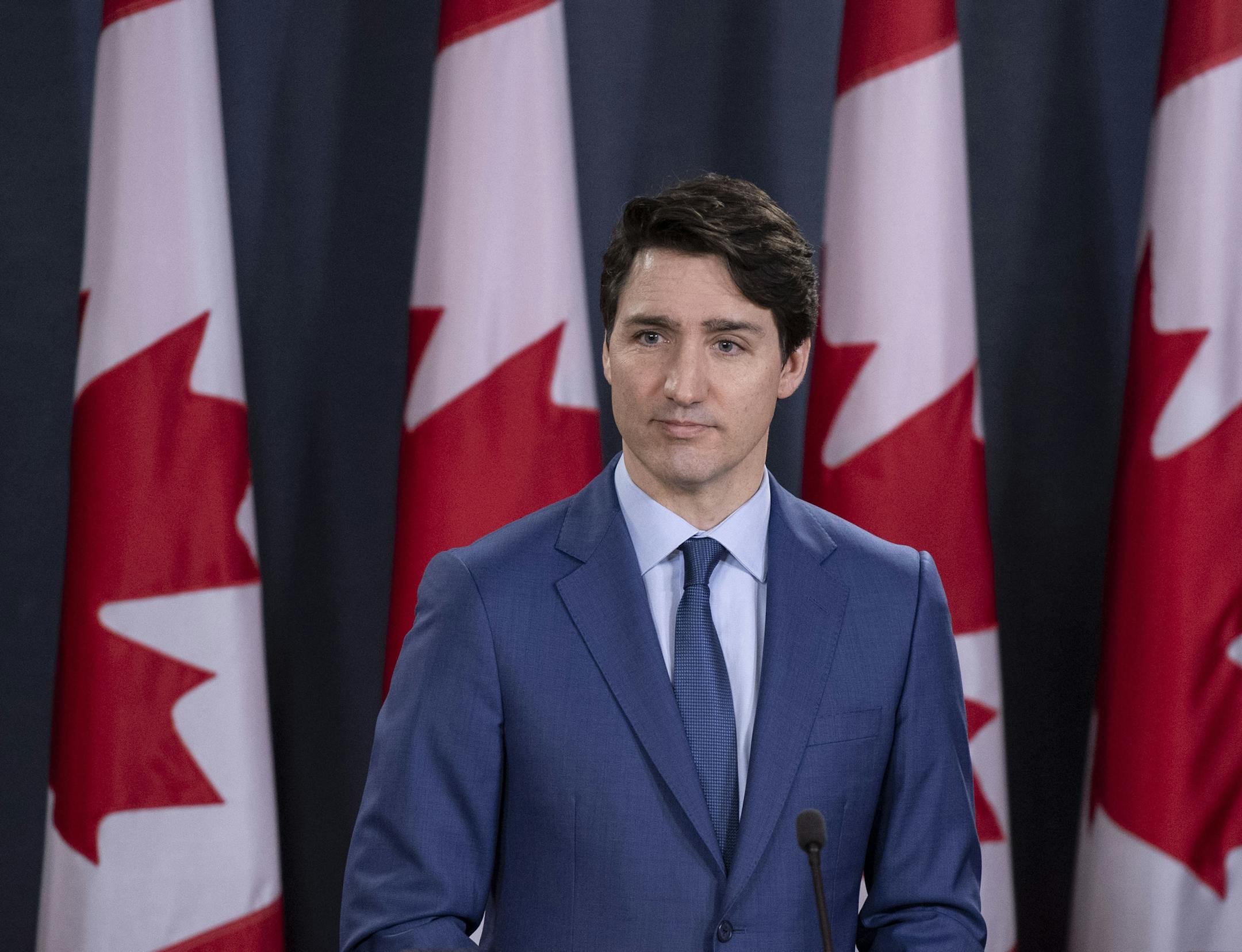 Prime Minister Justin Trudeau delivers remarks at the National Press Theatre in Ottawa on Thursday, March 7, 2019.