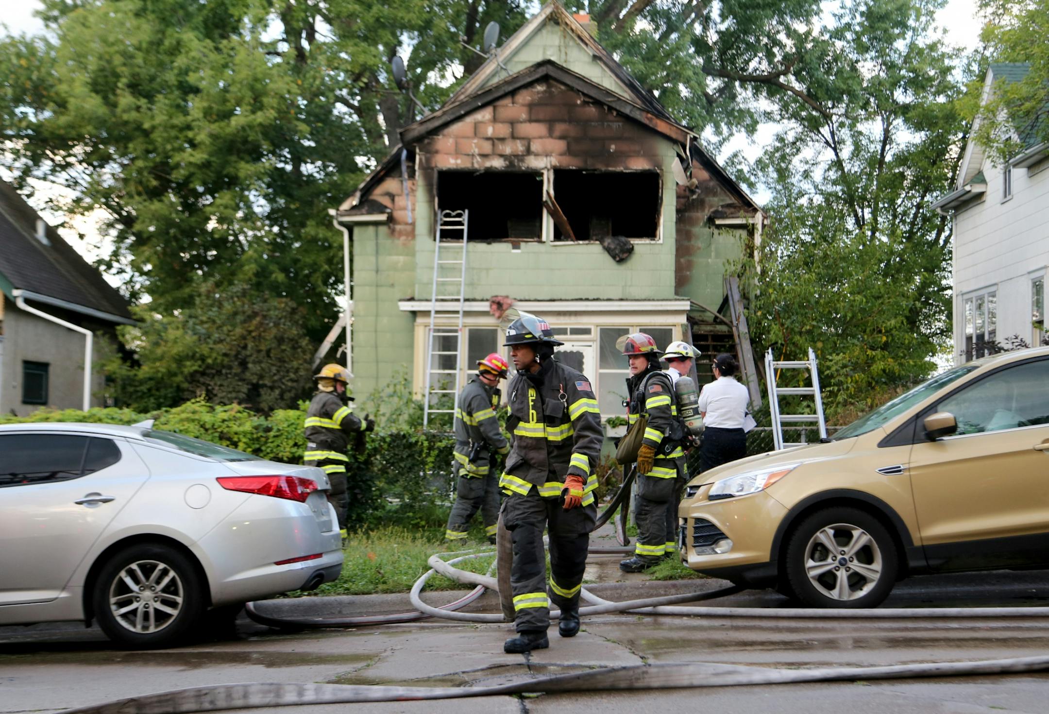 Aftermath of a duplex fire that gutted the upstairs and left two seriously burned Thursday, Sept. 28, 2017, in Minneapolis, MN.