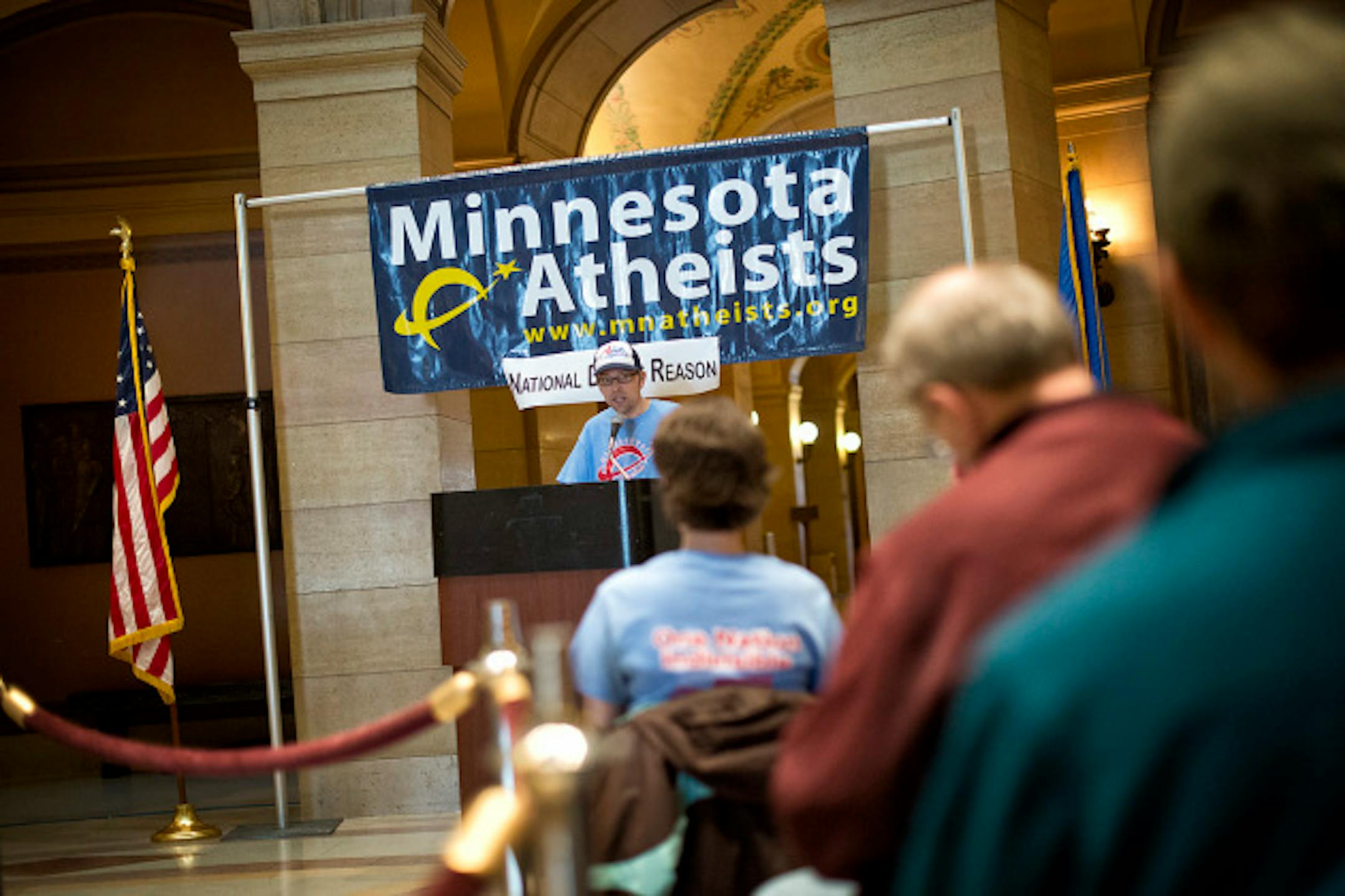 Minnesota Atheists held their Day of Reason inside the Capitol Rotunda at the same time The National Day of Prayer was being held outside the Capitol.  The atheists called for a separation between church and state and keeping religious beliefs out of law.  Thursday, May 2, 2013     ]   GLEN STUBBE * gstubbe@startribune.com
