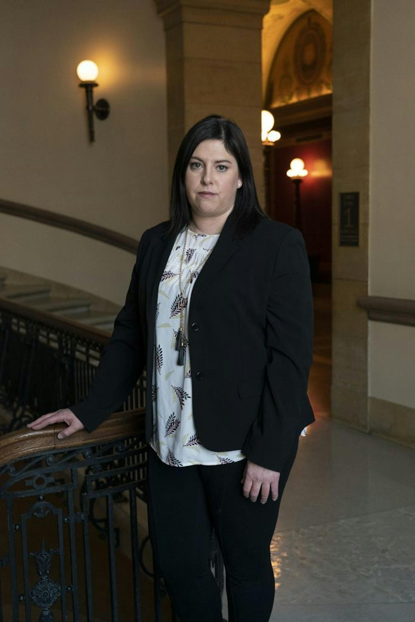 Jennifer Teeson posed for a photo at the State Capitol in St. Paul, Minn., on Thursday, February 21, 2019. Teeson was drugged and raped by her husband and did not realize it until she found a video recording of the attack on his computer. Because of current law in Minnesota spouses cannot be charged with rape so her husband could not be prosecuted for that rape.