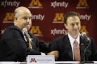 The $175,000 in overspending occurred with permission from then-athletic director Norwood Teague, left, shown with Richard Pitino when his hiring was 