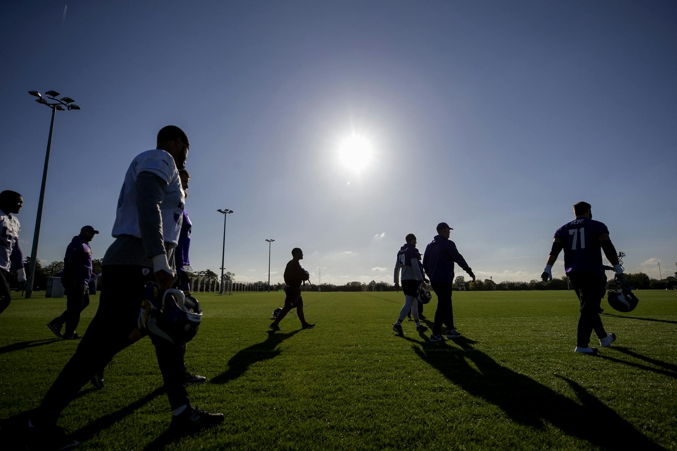 Minnesota Vikings players walked on to the field during a practice at the London Irish Training Ground in perpetration for a game vs. the Cleveland Browns.