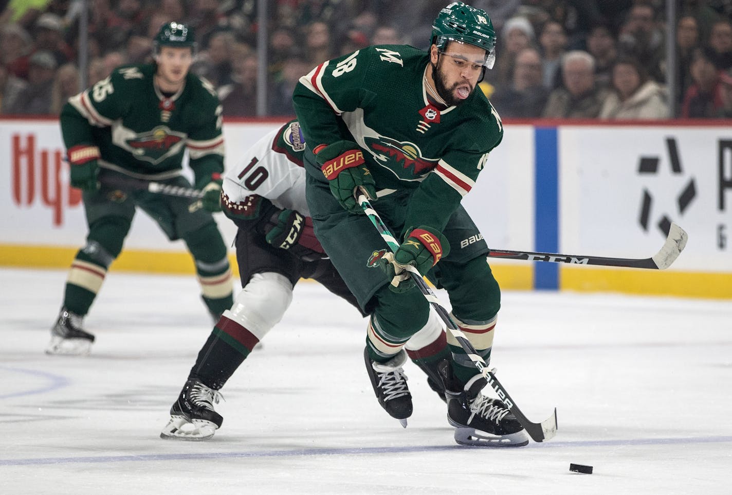 Jordan Greenway (18) of the Minnesota Wild skates up the ice in the first period Tuesday, Nov. 30, 2021 at Xcel Energy Center in St. Paul, Minn. ] CARLOS GONZALEZ • cgonzalez@startribune.com