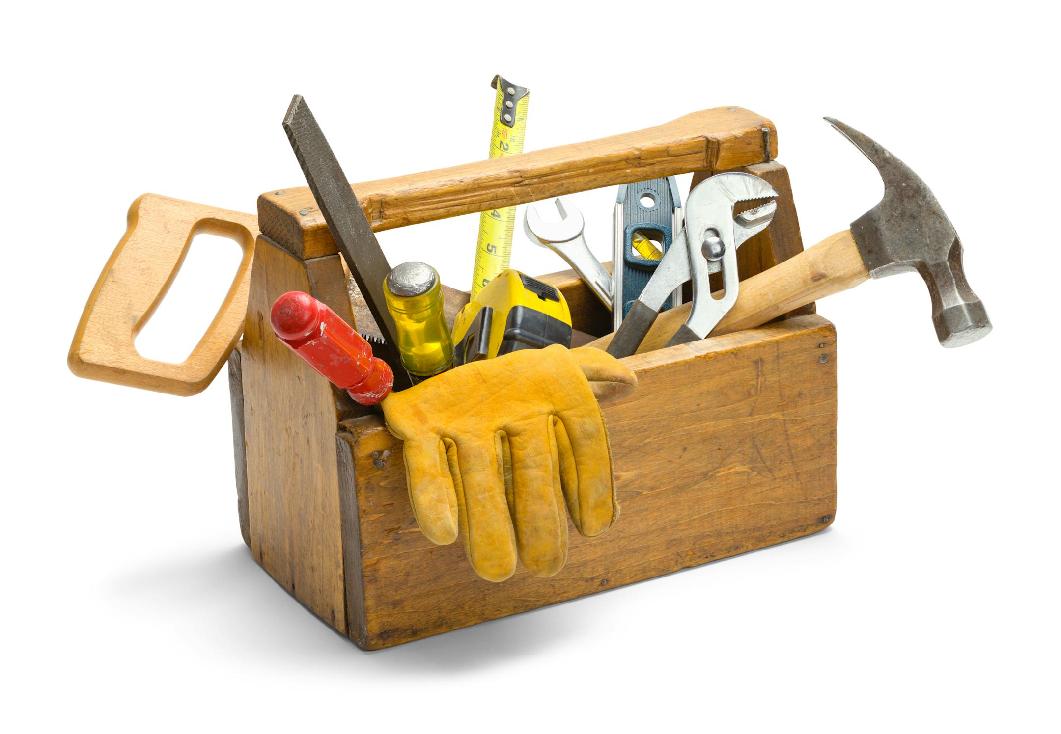 Old Wooden Tool Box Full of Tools Isolated on White Background.