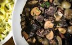 Beef bourguignon with buttered egg noodles, prepared by Leslie Brenner in her Dallas kitchen from her own recipe. (Leslie Brenner/Dallas Morning News/