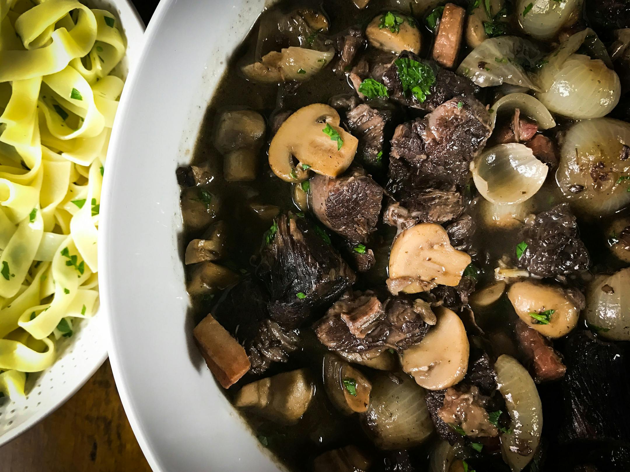 Beef bourguignon with buttered egg noodles, prepared by Leslie Brenner in her Dallas kitchen from her own recipe. (Leslie Brenner/Dallas Morning News/TNS) NO MAGAZINE SALES; MANDATORY CREDIT; NO SALES; INTERNET USE BY TNS CONTRIBUTORS ONLY ORG XMIT: 1195849