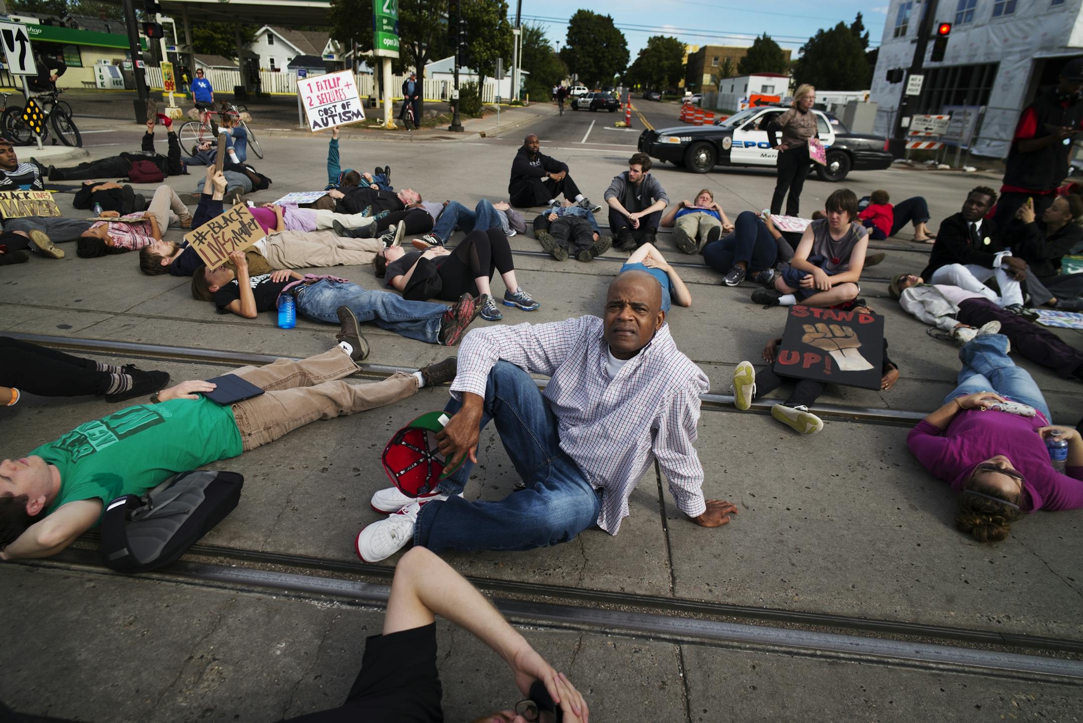 Near the Lexington light rail station in St. Paul, protesters with Black Lives Matters blocked traffic to and from TCF Stadium on the home opener for the Vikings.