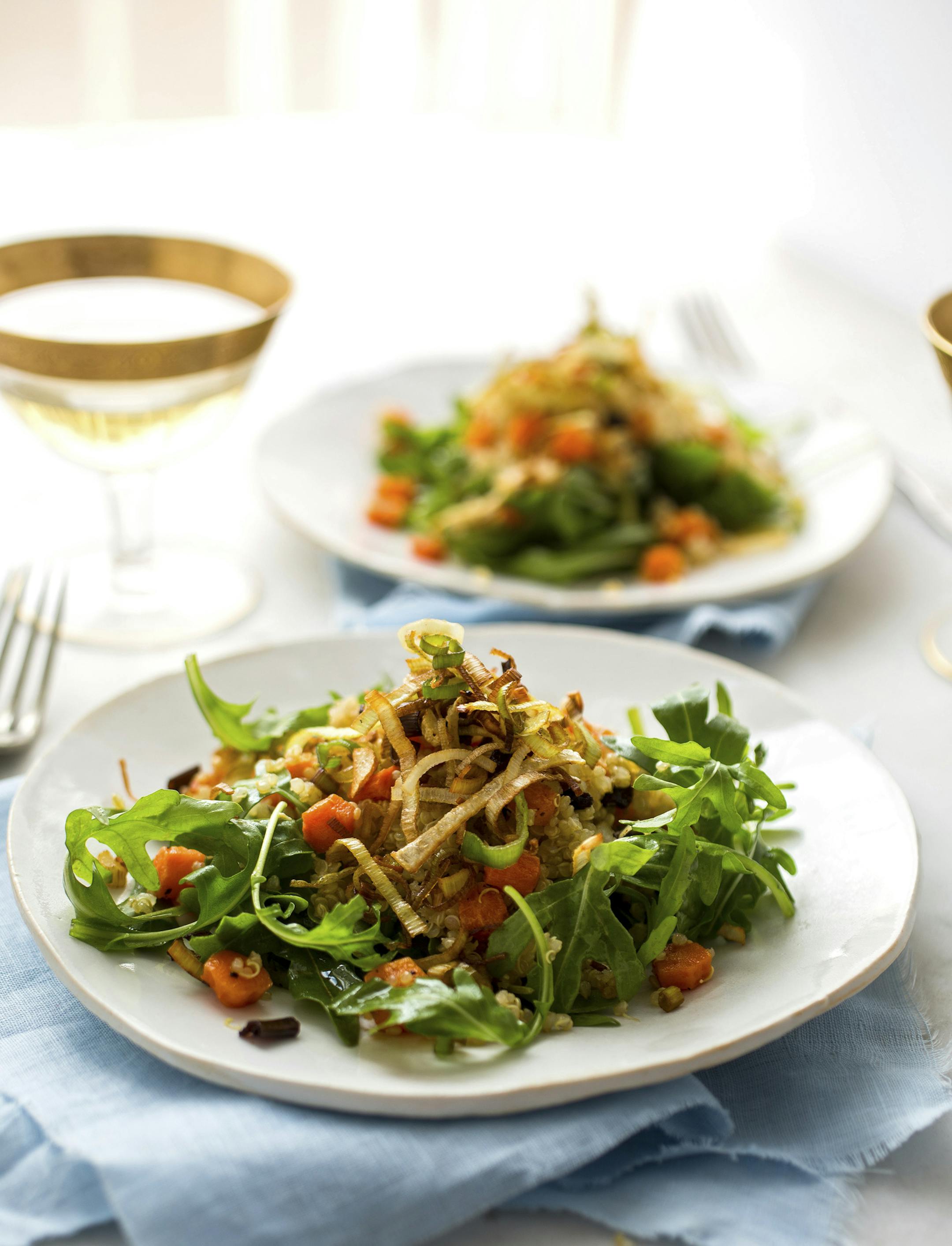 Quinoa salad with roasted carrots and frizzled leeks, in New York, April 4, 2014. The dish, which also includes currants, arugula and a pomegranate-spiked dressing, is kosher for Passover because Quinoa, which is full of protein, iron, fiber, is botanically related to beets and spinach, and is not a grain. (Andrew Scrivani/The New York Times)