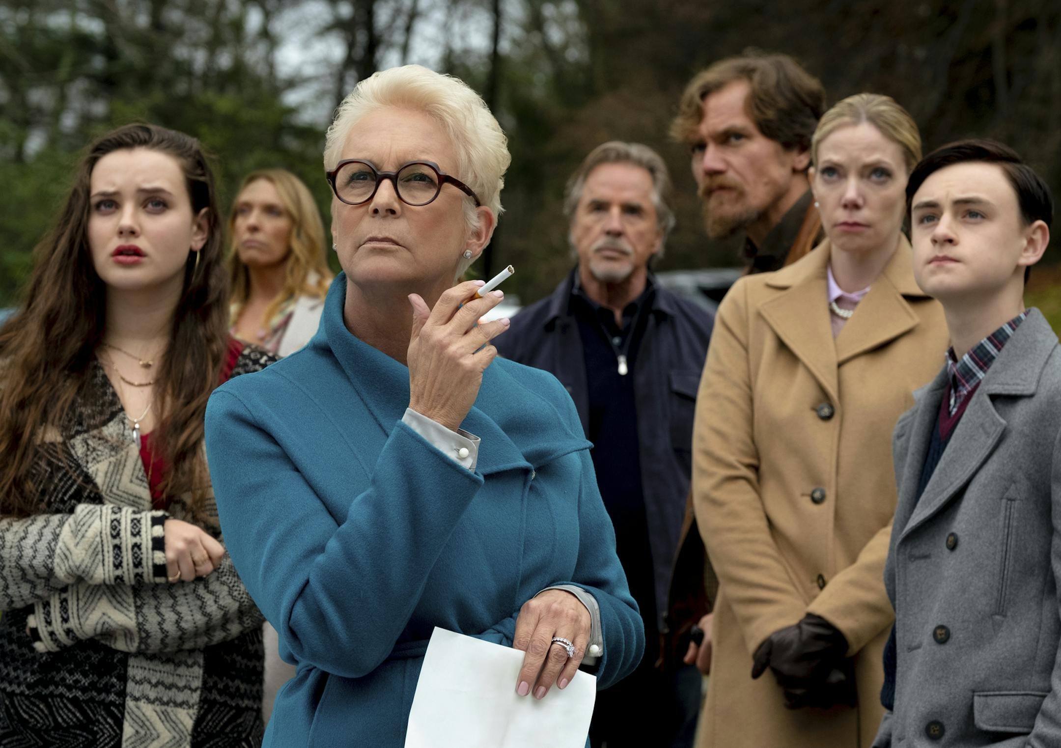 "Knives Out," which stars Jamie Lee Curtis, foreground, is a mystery that explores the intersection of family dynamics and finances.