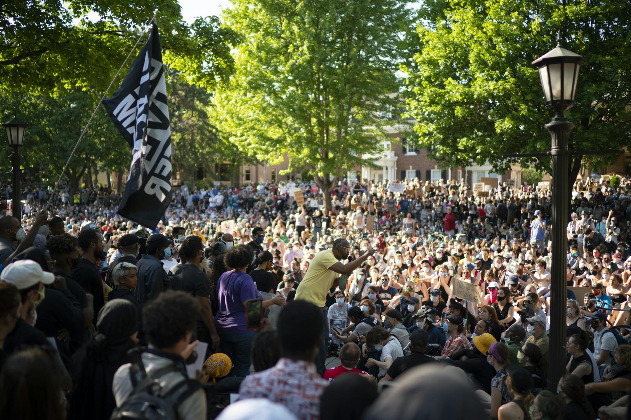 Jaylani Hussein, Executive Director of the Council on American-Islamic Relations spoke to the crowd, seated on Summit Ave. in front of the Governor's residence.