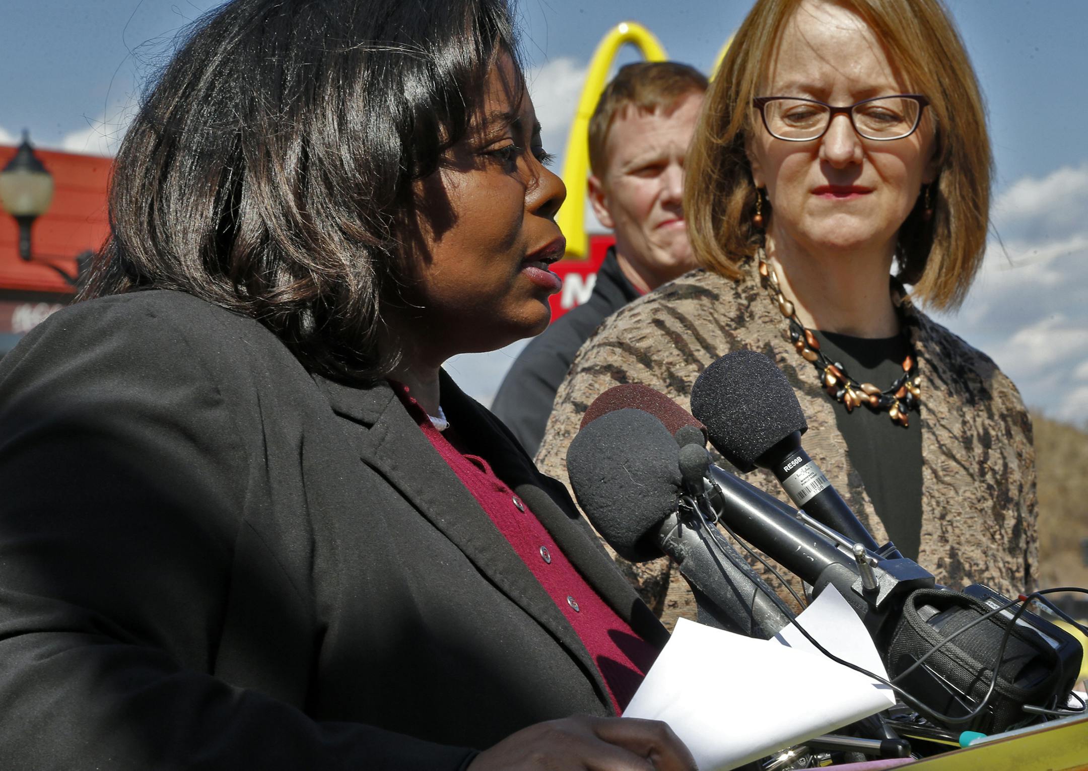Danita Brown Young, university dean of students, left, and Pamela Wheelock, vice president of university services, addressed the media. University officials held a press conference in Dinkytown Friday afternoon to discuss the public rowdiness associated with the Gophers playing for a hockey national championship. ] (MARLIN LEVISON/STARTRIBUNE(mlevison@startribune.com) ORG XMIT: MIN1404111700531632