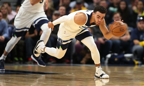 Minnesota Timberwolves guard Tyus Jones (1) pushed hte ball down court in the first half at Target Center Tuesday October 24,2017 Minneapolis , MN.