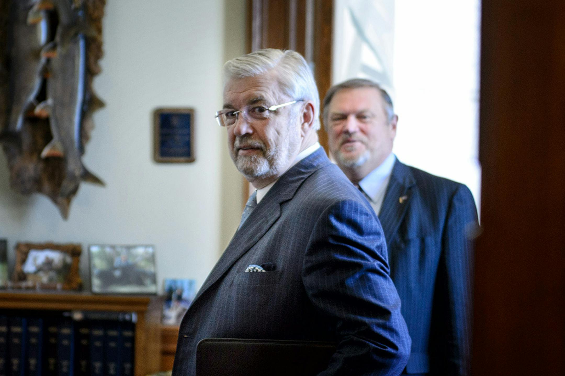 Dr. Bill McGuire made his way into Senate Majority Leader Tom Bakk's office for a meeting Tuesday afternoon.