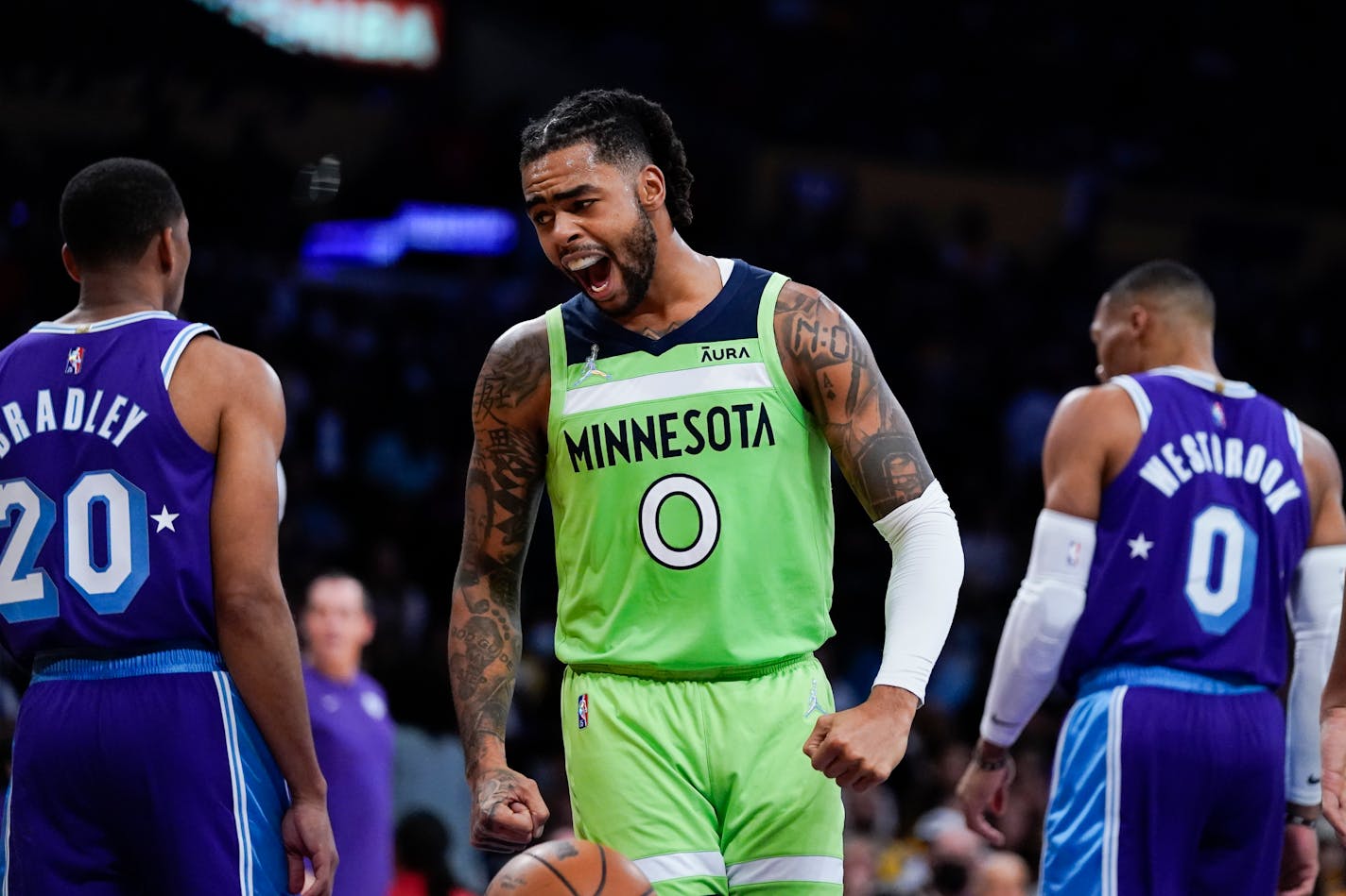 The Timberwolves' D'Angelo Russell celebrates a basket during the second half Friday against the Los Angeles Lakers