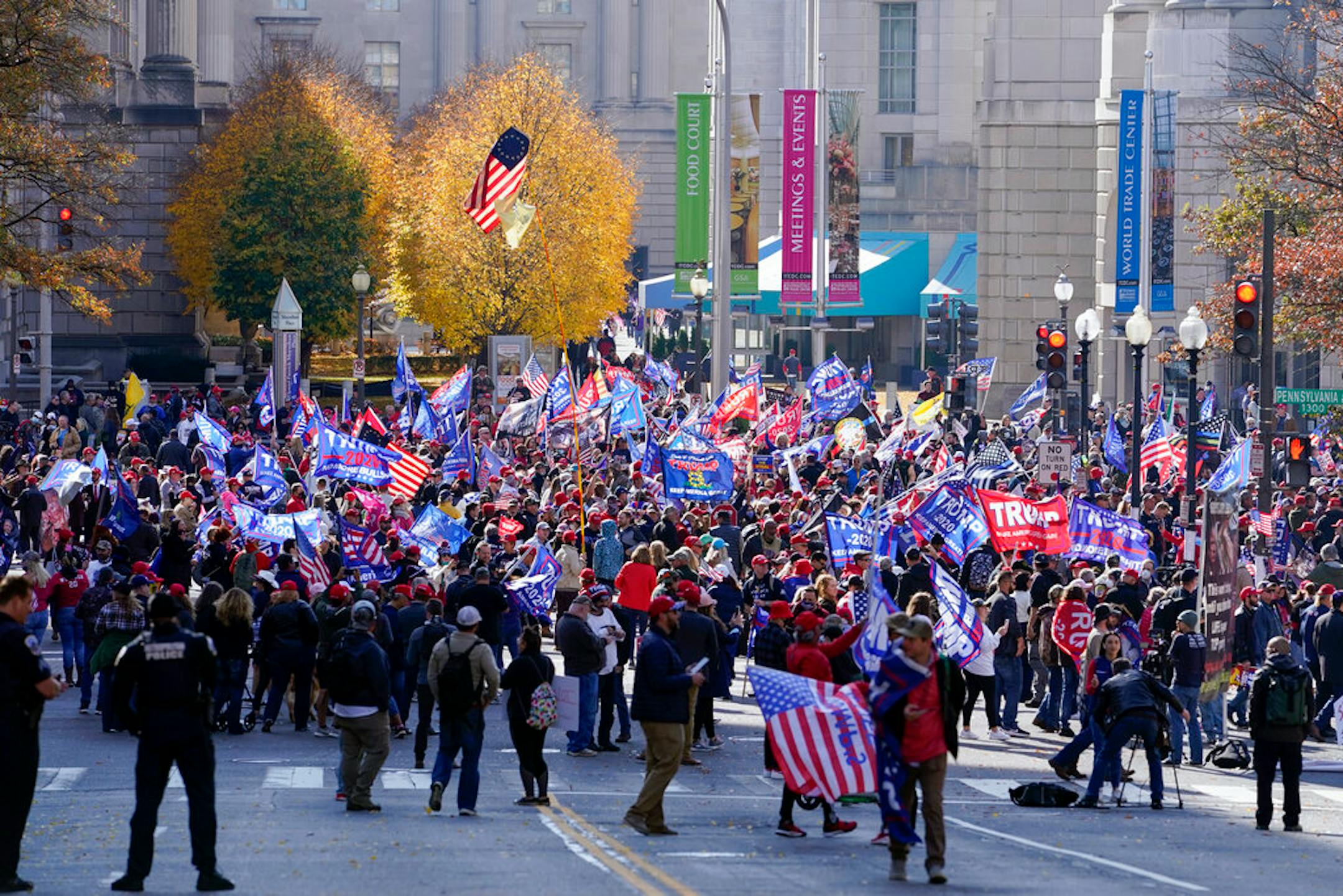 Supporters of President Donald Trump attend pro-Trump marches, Saturday Nov. 14, 2020, in Washington. (AP Photo/Jacquelyn Martin)