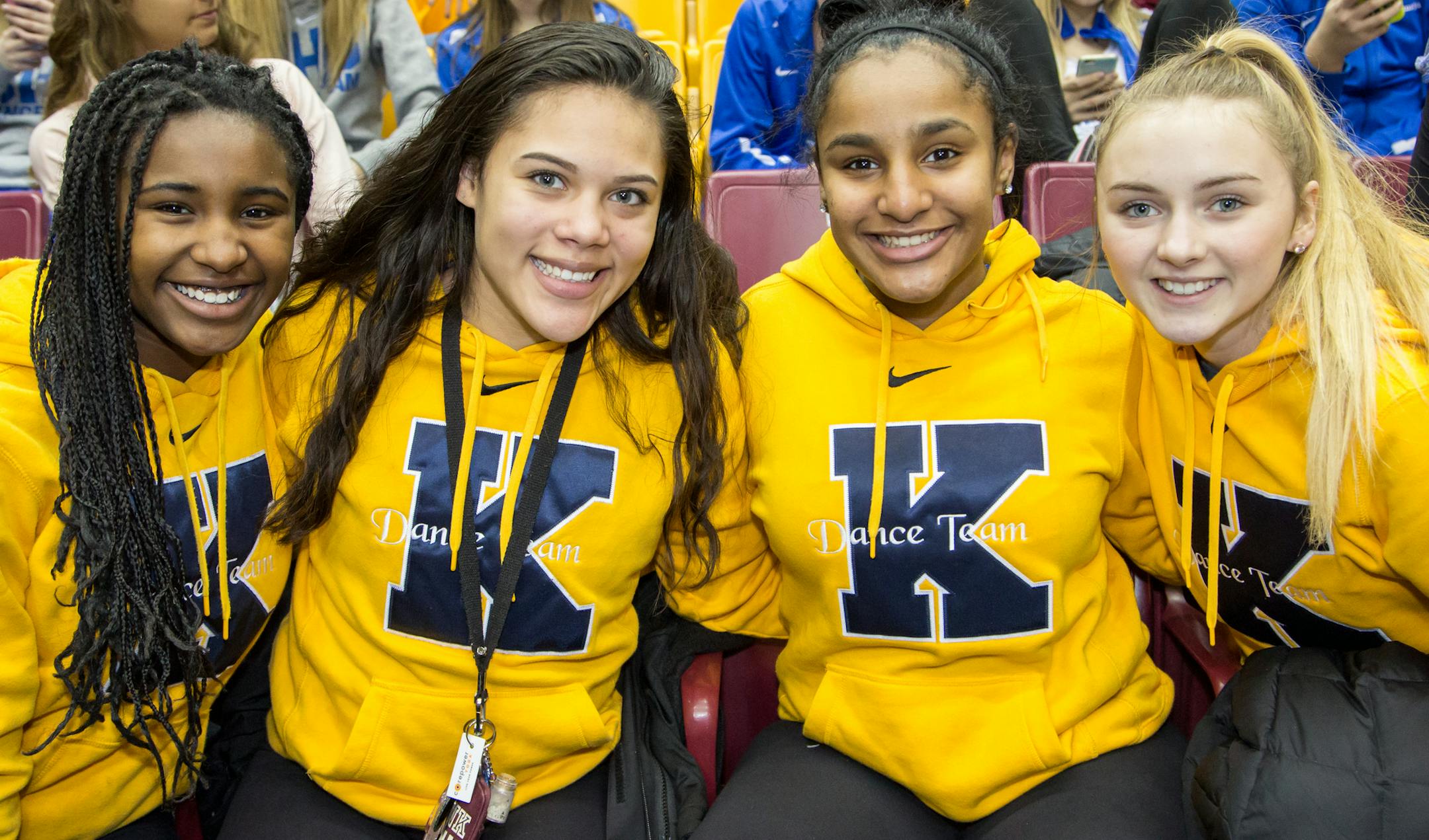Niya Adams, Sonama Lajeunesse, Wajd Suliman and Katie Mrozek of the Kennedy Kolleens Dance Team at the Best of the Best Showcase. [ Special to Star Tribune, photo by Matt Blewett, Matte B Photography, matt@mattebphoto.com, January 6, 2017, University of Minnesota Dance Team's Best of the Best Showcase, William's Arena, University of Minnesota Campus, Minneapolis, Minnesota, SAXO 1002854050 FACE011517