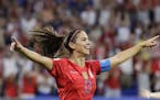 United States' Alex Morgan celebrates after scoring her side's second goal during the Women's World Cup semifinal soccer match between England and the
