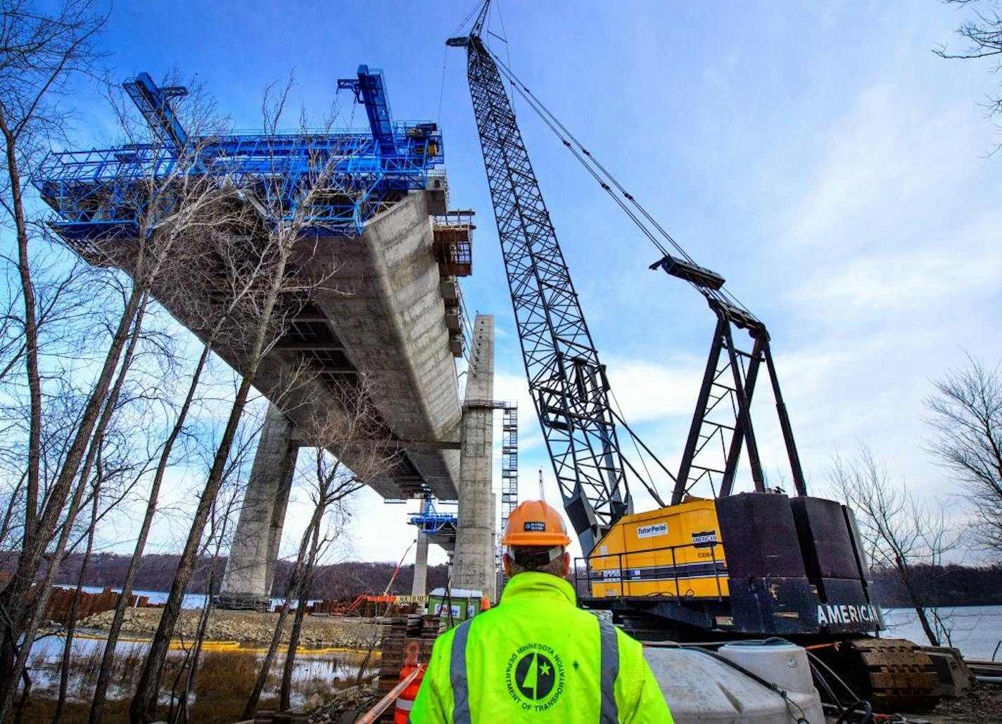 The St. Croix Crossing bridge under construction in November. The new St. Croix River bridge won't open until late 2017, a full year after originally planned, because of equipment problems, material shortages and weather delays, Minnesota and Wisconsin transportation agencies said Wednesday.