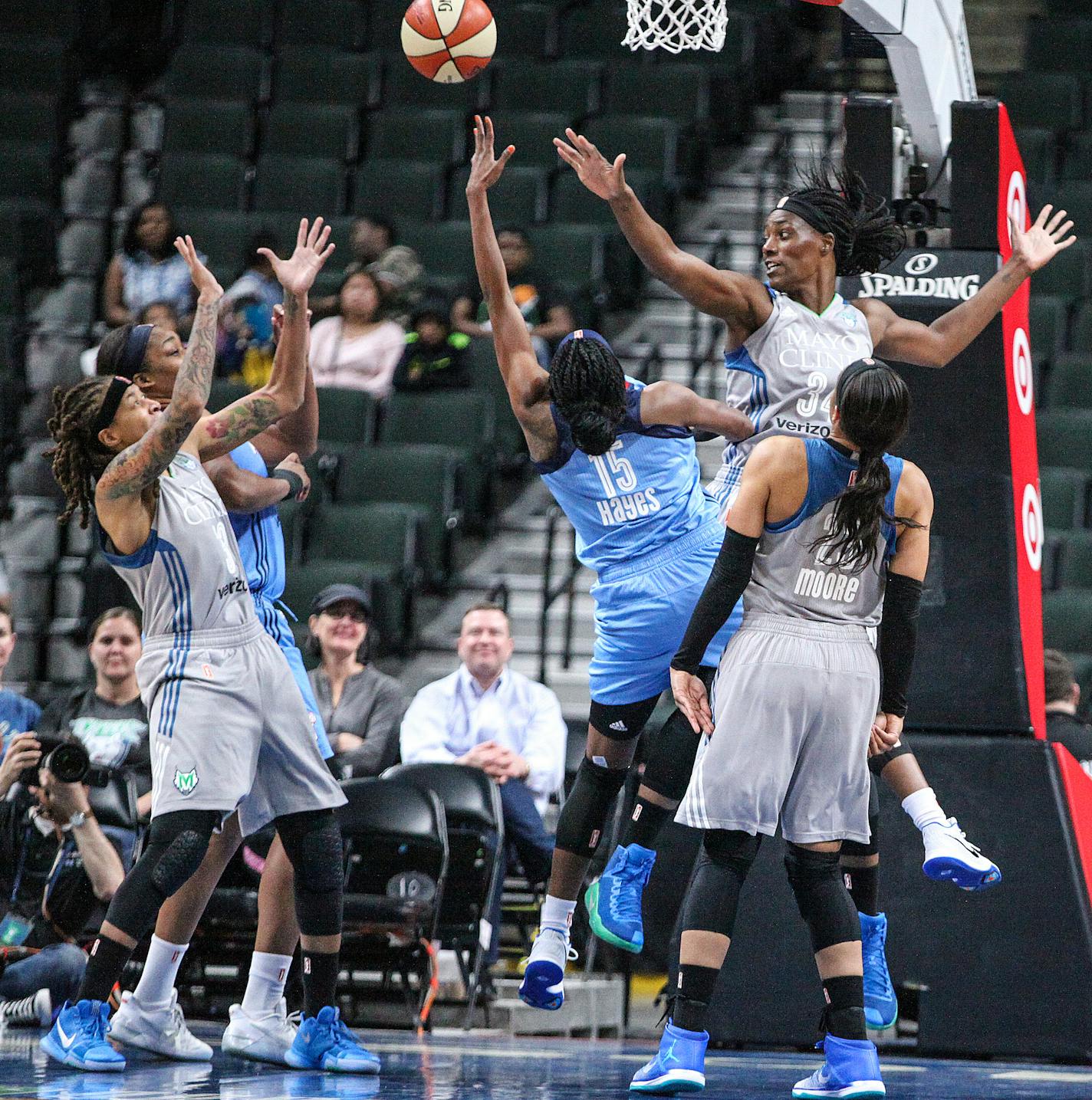 Minnesota Lynx center Sylvia Fowles (34) defensed Atlanta Dream guard Tiffany Hayes (15)'s shooting in the first period. ] XAVIER WANG &#x2022; xavier.wang@startribune.com Game action from a WNBA Preseason basketball game between the Minnesota Lynx and the Atlanta Dream Friday May 5, 2017 at Xcel Energy Center in St. Paul.